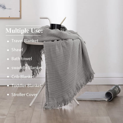 Manta de muselina de algodón sencilla y opulenta para cama y sofá, manta de gasa tejida con borlas, suave, ligera, acogedora, prelavada, transpirable, decoración de casa de campo (gris)
