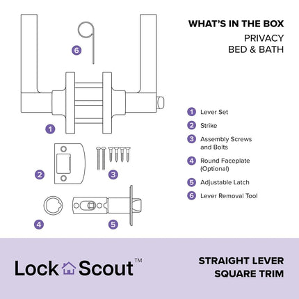 Lock Scout Straight Lever with Square Trim Bedroom and Bathroom Door Handle, Matte Black Finish