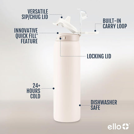 Ello Pop & Fill 40oz Stainless Steel Water Bottle with Quick Fill Technology, Double Walled and Vacuum Insulated Metal, Leak Proof Locking Lid, Sip and Chug, Reusable, BPA Free, Tonal Cream