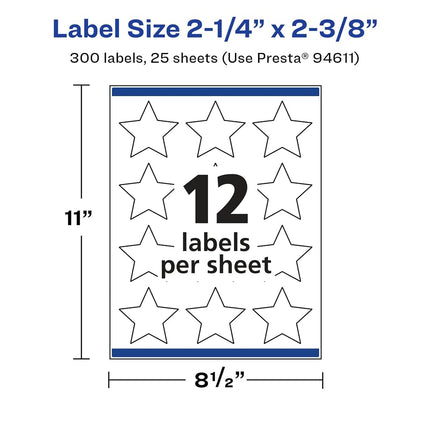 Avery Glossy White Star Labels with Sure Feed, 2-1/4" x 2-3/8", 300 Glossy White Labels, Print-to-The-Edge, Permanent Label Adhesive, Laser/Inkjet Printable Labels