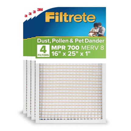 Filtrete 16x25x1 AC Furnace Air Filter, Merv 8 MPR 700, Dust, Pollen, & Pet Dander, 4-Pack (exact dimensions 24.69x15.69x1.56)