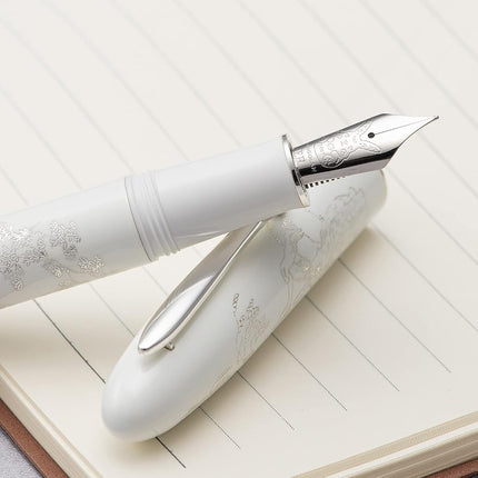HONG DIAN Hongdian N23 White Rabbit Fountain Pen, Iridium Extra Fine Nib Silver Trim, New Year Lucky Carving Design, Smooth Writing Pen with Converter and Metal Box Set