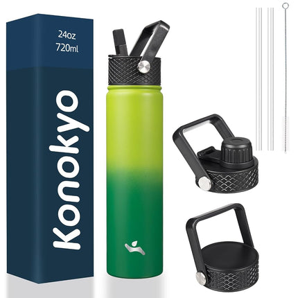 Konokyo Insulated Water Bottle with Straw,24oz 3 Lids Metal Bottles Stainless Steel Water Flask,Bamboo Grove