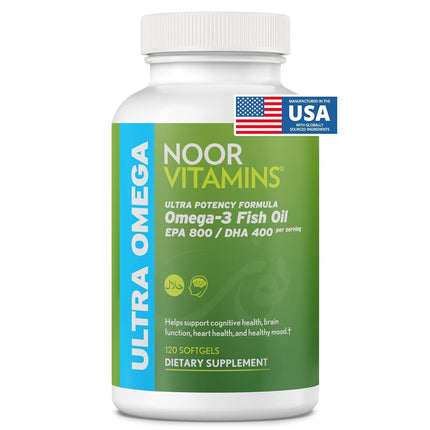 Aceite de Pescado Halal, Vitaminas Halal, Aceite de Pescado Halal de Noor Vitamins, Aceite de Pescado Silvestre Peruano Ultra Omega 3 (800 mg EPA y 400 mg DHA) Apoyo para el Corazón, el Cerebro y las Articulaciones, Sin OGM y Sin Gluten (120 unidades)