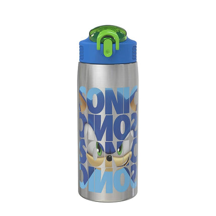 Zak Designs Sonic The Hedgehog Water Bottle for Travel and at Home, 19 oz Vacuum Insulated Stainless Steel with Locking Spout Cover, Built-in Carrying Loop, Leak-Proof Design (Sonic)