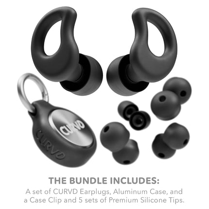 CURVD Everyday Earplugs + Case Clip Bundle, The Perfect earplug for Sleep, Travel, Noise Sensitivity/canceling + Case Clip Package Portable Waterproof Container & Silicone Sleeve for Ear Plugs(Black)