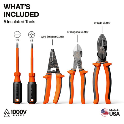 Klein Tools 94160MBINS MODbox Insulated Tool Kit, 5-Piece, 1000V Rated Electrician Tools Set with Screwdrivers, Wire Stripper, Cutters, Modular Storage Box