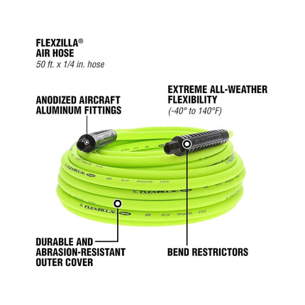 Flexzilla HFZ1450YW2 Air Hose, 50 ft, MNPT Fittings, Heavy Duty, Lightweight, Hybrid, ZillaGreen-HFZ1450YW2, 1/4" (inches) x 50' (feet)