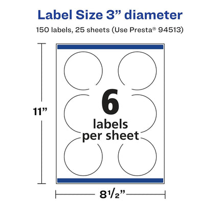 Étiquettes rondes transparentes brillantes Avery avec Sure Feed, 3" de diamètre, 150 étiquettes transparentes brillantes, impression bord à bord, étiquettes imprimables au laser/jet d'encre