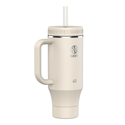 Takeya Straw Tumbler with Handle - for Coffee, Water & More - Durable with Built-in Silicone Coaster & 2 Straws - Double Stainless Steel Insulation - 40 oz, Oatmilk