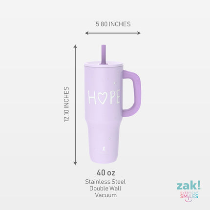 Vaso de viaje Zak Designs St. Jude Sutton para llevar, acero inoxidable de 40 oz con aislamiento al vacío, pajita de silicona y asa de transporte para bebidas frías (Hope)