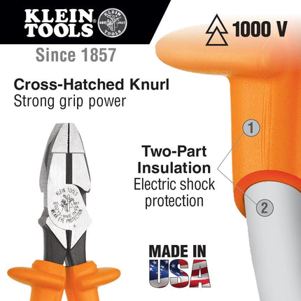 Klein Tools D213-9NE-INS Insulated Side Cutting New England Nose Pliers with Knurled Jaws and Handle Tempering, Made in USA, 1000 V Rating, 9-Inch