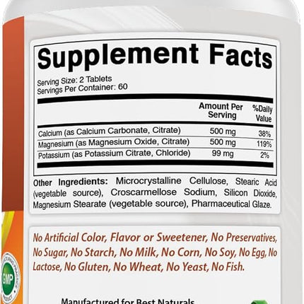 Best Naturals Calcium Magnesium Potassium - 120 Tablets - Non-GMO & Gluten Free