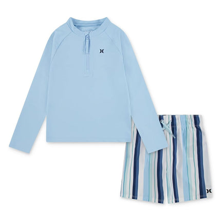 Hurley - Conjunto de 2 piezas de traje de baño de manga larga para niños, azul holandés/rayas, 9 meses