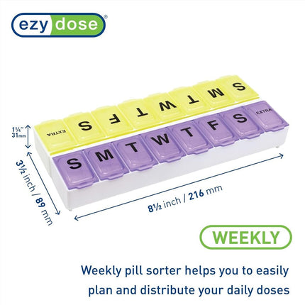 Ezy Dose Weekly (14-Day) Pill Organizer, Vitamin and Medicine Box, 2X-Large Locking Compartments, Colored Lids