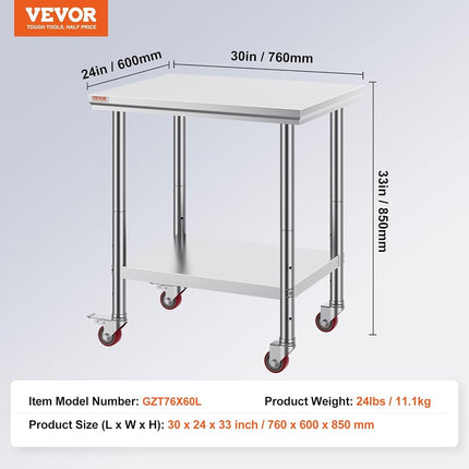 VEVOR Stainless Steel Catering Work Table 76(L) x60(W) x80(H) cm Commercial Work Table with 4 Wheels Commercial Food Prep Workbench with Flexible Adjustment Shelf for Kitchen Prep Table