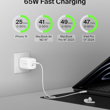 Belkin BoostCharge Pro 65W Dual USB-C GaN Wall Charger Multi-Port Charger with 2X USB-C PD 3.0 Fast Charging Port for MacBook, iPhone, iPad, Galaxy, Google Pixel and More
