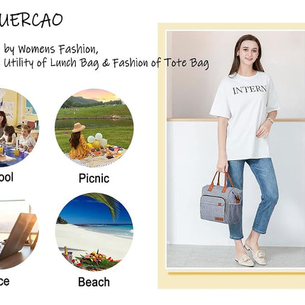 TuErCao Adult Lunch Box - Insulated Lunch Bag Women for Work, Soft Cooler for Beach Travel Picnic, Ladies Lunch Tote Bag for Office, Grey