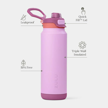 ZULU Powerfill Pro 32oz Stainless Steel Water Bottle with Quick Fill Lid, Triple Walled Vacuum Insulated Metal, Leak Proof Locking Lid, Sip and Chug, Reusable BPA Free, Sherbert