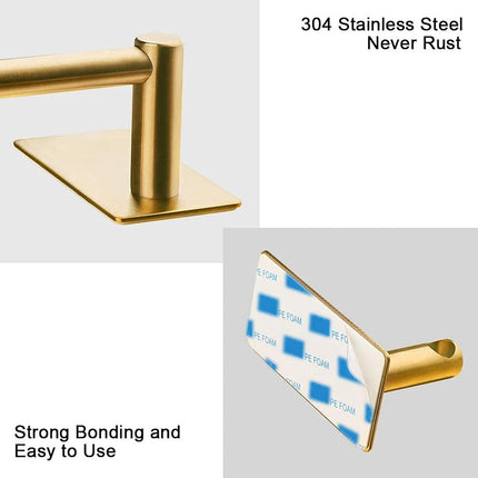 NearMoon Self Adhesive Bathroom Towel Bar- Stainless Steel Bath Wall Shelf Rack Hanging Towel Stick On Sticky Hanger Contemporary Style, NO Drilling (1 Pack, Brushed Gold, 9-Inch Towel Rack)