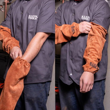 KLEIN TOOLS 60834 FR Leather Welding Sleeves, 61 Inches, Elastic Cuff, Brown, 1 Pair