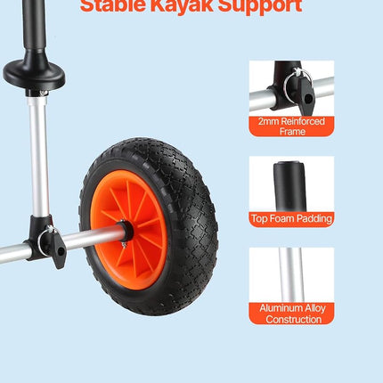 VEVOR Kayak Cart, 280lbs Load Capacity with 10 Inch Solid Tires, Heavy Duty Detachable Canoe Trolley Cart with Adjustable Width & Top Foam Protection, for Kayaks with Drain Holes of 2.54cm and Above