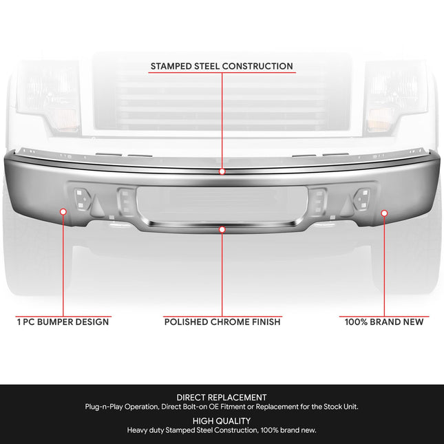 DNA MOTORING Front Bumper Compatible with 09-14 Ford F150, w/o Fog Light Cutout, Chrome, BUMP-F-F15009-FB-02-CH