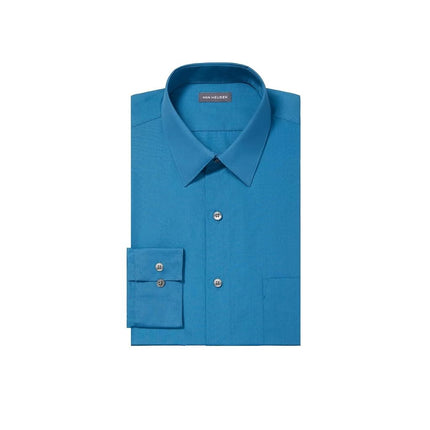 Van Heusen Men's Poplin Fitted Solid Point Collar Dress Shirt, Deep Sea, 17" Neck 32"-33" Sleeve