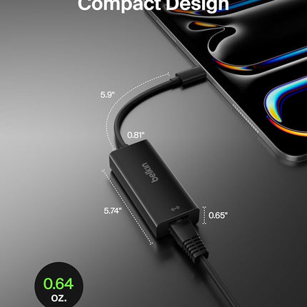 Belkin F2CU040btBLK USB-C to Gigabit Ethernet Adapter (USB-IF Certified, Compatible with MacBook Pro (2016), Dell XPS 13 inch), Black
