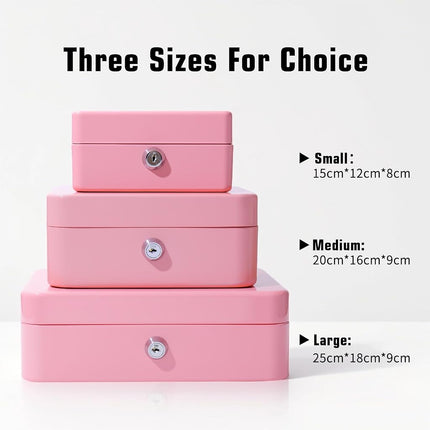 Cash Box with Combination Lock, Money Tin Box with Coin Tray, Lockable Cash Tin for Money Saving Medium 20 * 16 * 9cm Black (Large-Pink1)
