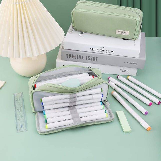 iSuperb Large Pencil Case 3 Compartments Pencil Pouch Big Capacity Pencil Bag Oxford Stationery Storage Pen Bag Cosmetic Makeup Pouch for Women Girls (Green)