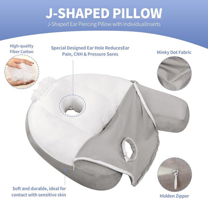 Nockovi 4" Hole Piercing Pillow for Side Sleepers (Pillow with Grey Velvet Pillowcase, J-Shape)