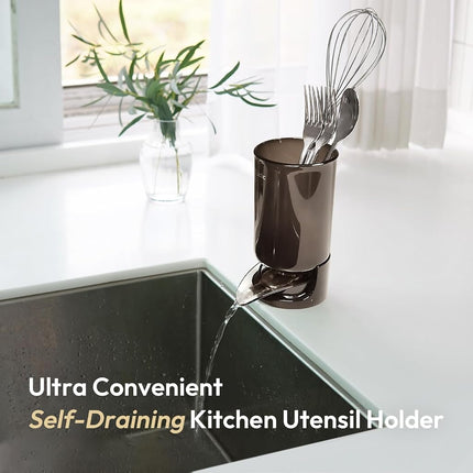 carrotez Utensil Drying Holder for Kitchen Counter, Self Draining, Small Utensil Cutlery Flatware Silverware Holder Drainer Cup, Taupe Brown, 1 ea