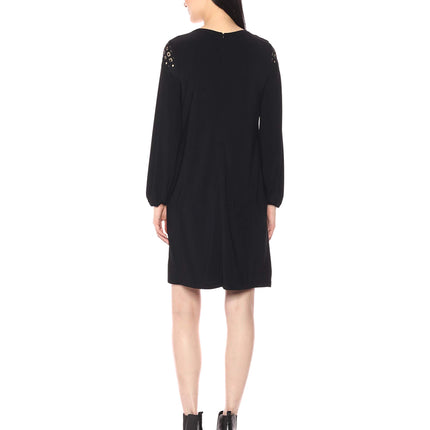 Nine West Women's Long Sleeve Lace Yoke Shift Dress, Black, 20