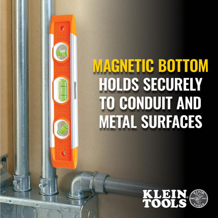 Klein Tools 935 Level, 9-Inch Magnetic Torpedo Level with 0/45/90 Degree Vials and V-Groove, Tapered Nose