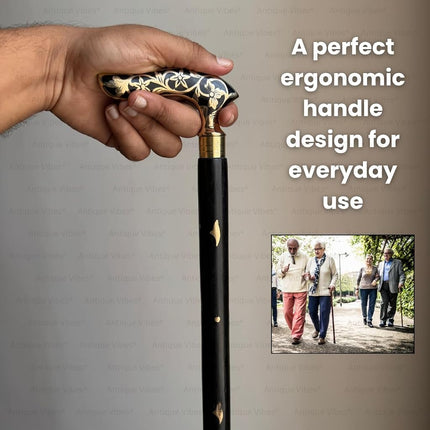 Brass Handle Victorian Foldable Wooden Walking Stick Cane Ideal Vintage Gift Men Women Father/Mother (Black Victorian)