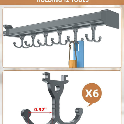 PrimZooty Pull Out Broom Holder, Multifunctional Slide Broom And Mop Storage/Organizer With Adjustable Double Row Sliding Hook, Garage Organization Hooks, for Closet Laundry Garage - Dark grey - 36cm