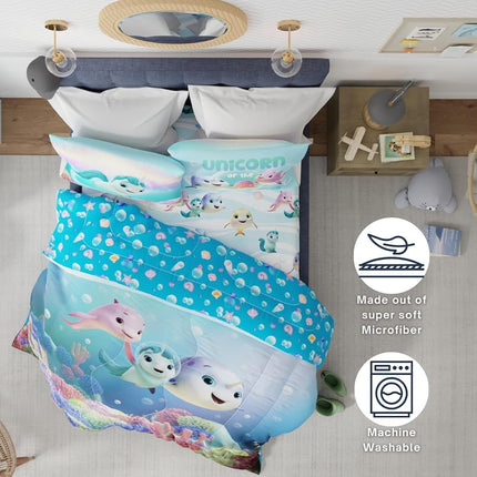 Franco DreamWorks No Es Exactamente Narval, Juego de Sábanas y Edredón Súper Suave para Niños, 5 Piezas, Tamaño Full, (Producto Oficial con Licencia)