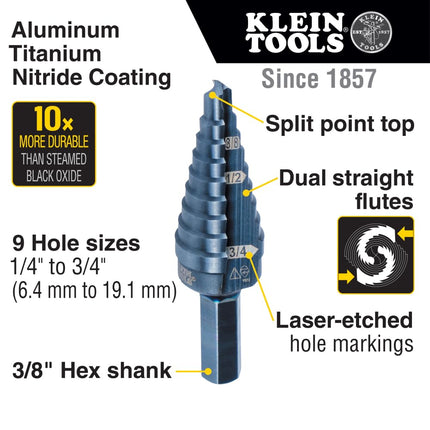 Klein Tools KTSB03 Step Drill Bit Double Fluted 3, 1/4 to 3/4-Inch with Easy-to-Read Markings and Targets, 3/8-Inch Hex Shank , Black