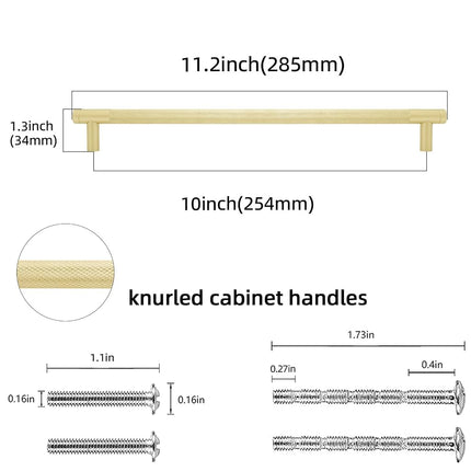 POVEFONK 10 Pack 10 inch(254mm) Brushed Brass Kitchen Cabinet Handles Knurled Cabinet Pulls Gold Drawer Pulls Kitchen Hardware