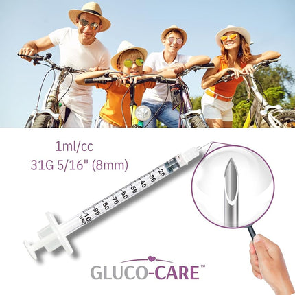 GLUCO-CARE 1 ml/cc Syringes 31G x 5/16’’ (8mm), Orange Cap, 100/box