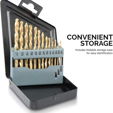 NEIKO 10038A Left-Hand Drill-Bit Set, High-Speed Steel Drills with Titanium Nitride Coating, Reverse-Twist Drill Bits, SAE Sizes, 13-Piece Set