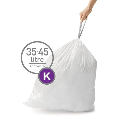simplehuman Code K 100 Liners, 50% Recycled Custom Fit Bin Bags in Dispenser Packs with Durable Drawstring Tie Handle, 35-45L, White