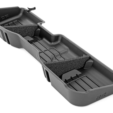 Almacenamiento personalizado bajo el asiento Rough Country para Chevy Silverado 1500 (2014-2018) y 2500HD/3500HD (2015-2019) - Almacenamiento plateado para camiones, termoplástico antideslizante