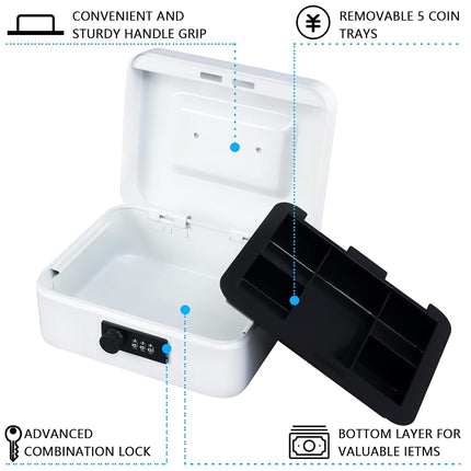 KYODOLED Cash Box with Combination Lock,Safe Metal Box for Money,Storage Lock Box with Money Tray,7.87"x 6.30"x 3.54" White Medium