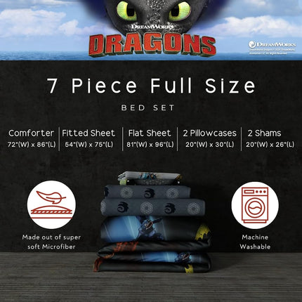 Franco How to Train Your Dragon Kids Bedding Super Soft & Cozy Reversible Microfiber Comforter and Sheet Set with Sham, 7 Piece Full Size, (Officially Licensed Product)