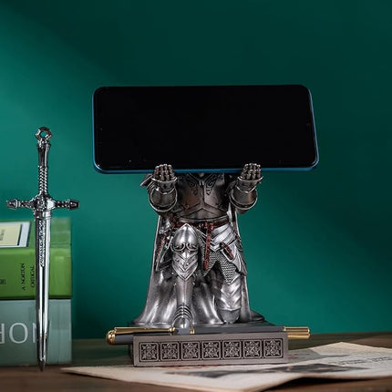 HDMbigmi King's Guard Leader Cloak Warrior Knight Pen Holder Mobile Phone Stand, Ornament Knight Statue, Pen Stand Paperweight with a Metal Sword Letter Opener for Office and Home (Silver)