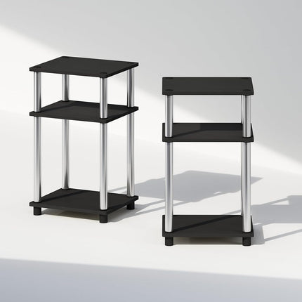 Furinno JUST Night Stand Set of 2, 3-Tier Turn-N-Tube Nightstand, Toolless Bedside Tables, End Table, Side Table with Open Storage for Bedroom, Living Room, Americano/Stainless Steel