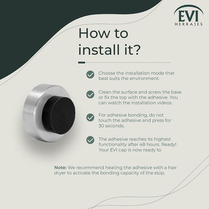 EVI | Wall Mounted Doorstop | 0.7'' x 1.37'' | Natural Silicone Black Rubber | Adhesive or Screw Installation | Stainless Steel | Mod. I-254