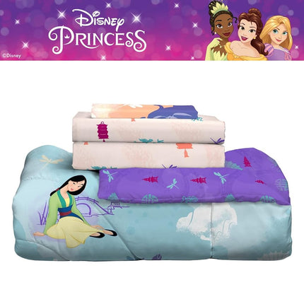 Juego de edredón y sábanas de microfibra supersuave de 4 piezas tamaño twin de Franco Disney Princess Mulan para niños (producto con licencia oficial)
